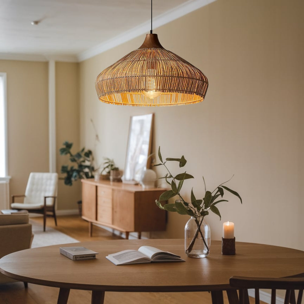 Havenly Rattan Woven Dome Pendant Light hangs over Reading Table