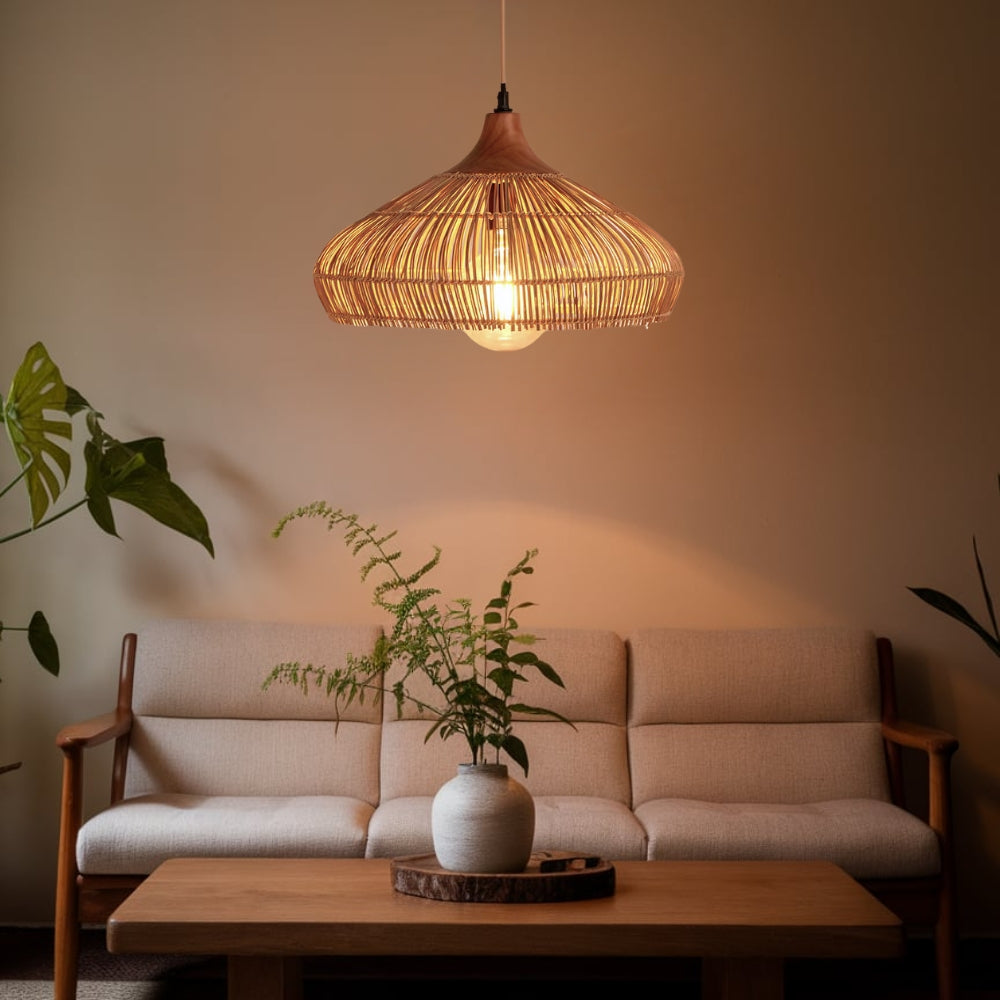 Havenly Rattan Woven Dome Pendant Light over Living Room Table