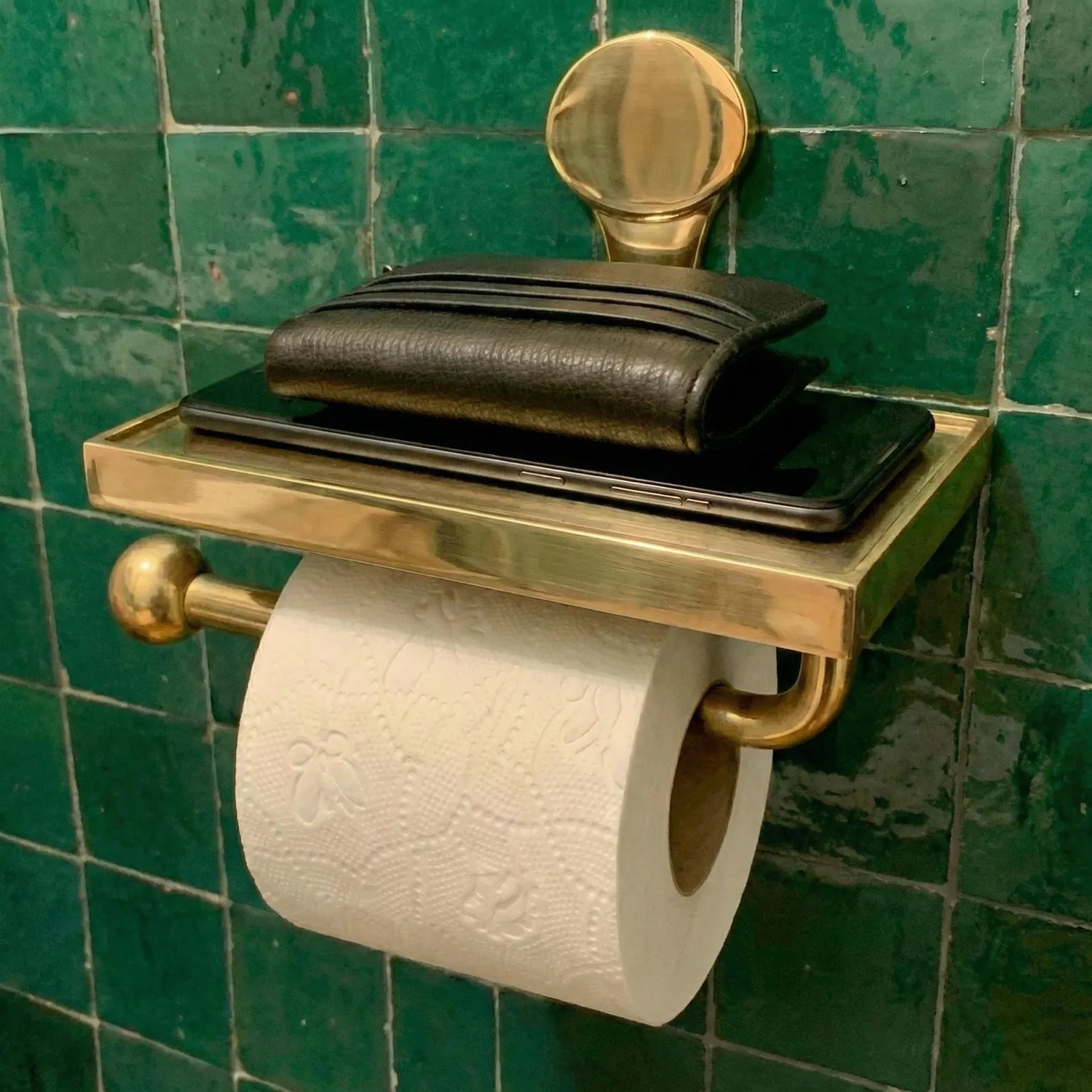 Unlacquered Brass Toilet Paper Holder with Phone Shelf