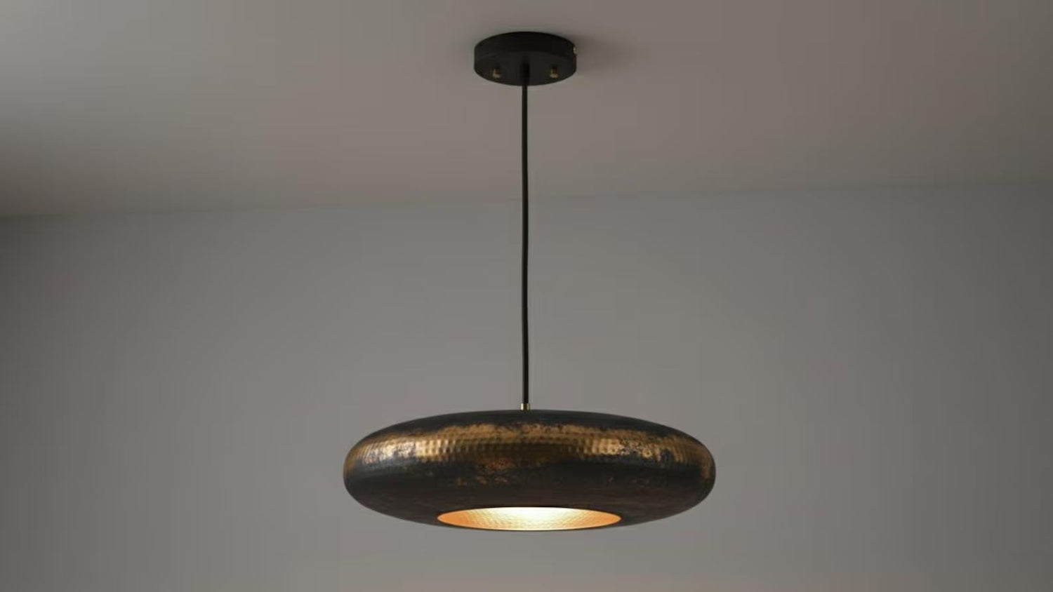 Black Patina Brass Pendant Light - Hammered Saucer Hanging Lamp
