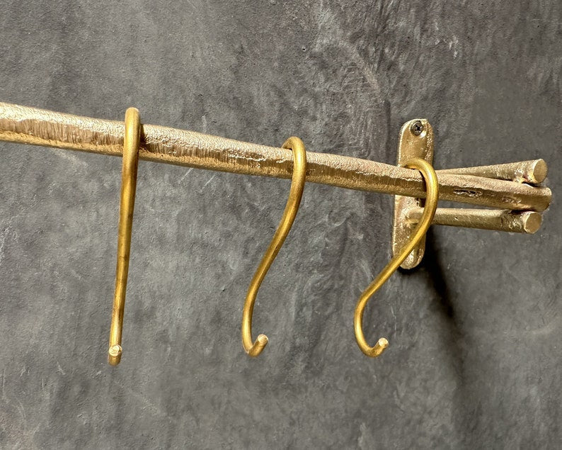 Unlacquered Brass Wall Mounted Pot Rack, Hanging Kitchen Rail, Hanging Pan Holder With Hooks