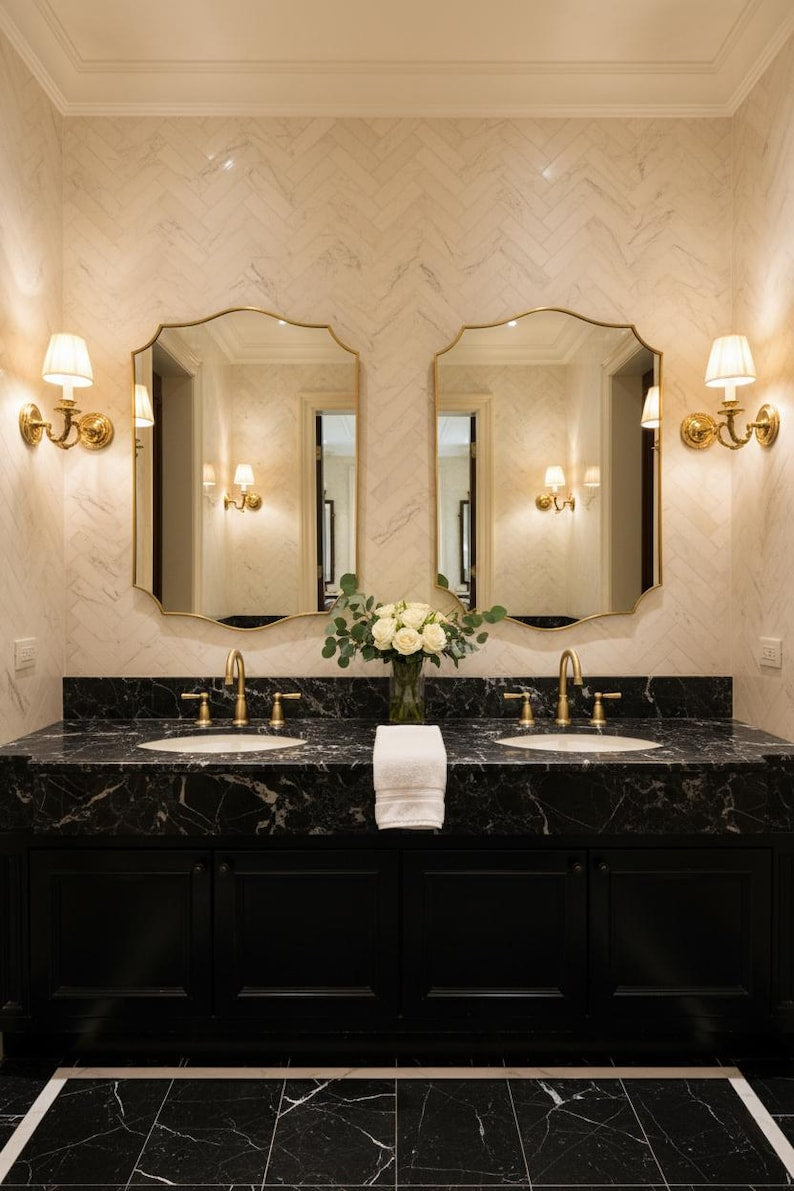 Scalloped Brass Wall Mirror | Curved Edge Bathroom Vanity