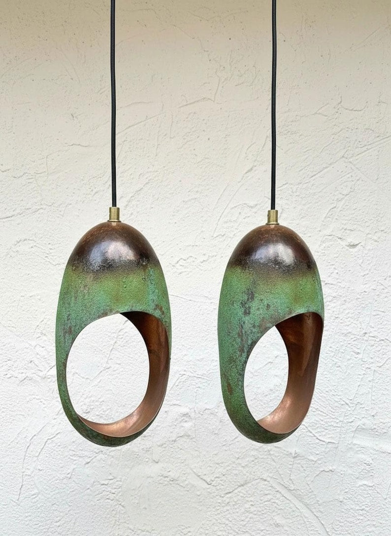 Set of 2 Green Patina Copper Pendants – Handmade Sculptural Island Lights