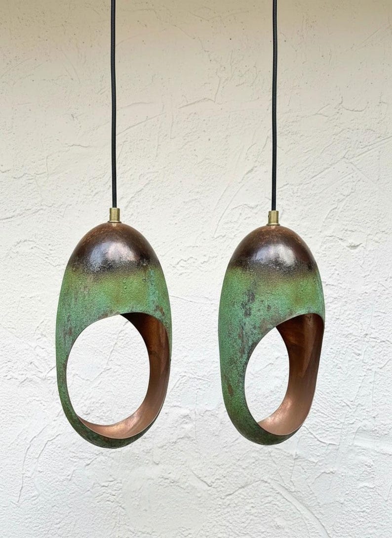 Green Patina Copper Sculptural Pendant – Handmade Oxidise Ceiling Light