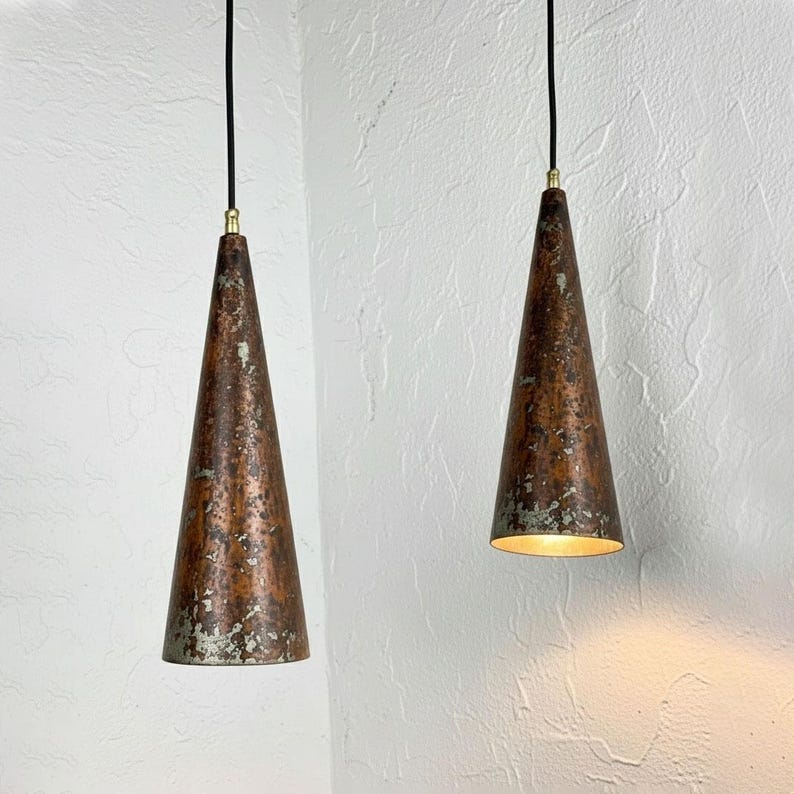 Vintage Oxidized Copper Cone Pendant Light – Rustic Handmade Ceiling Fixture