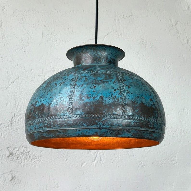 Blue Patina Copper Dome Pendant – Handmade Oxidized Ceiling Light
