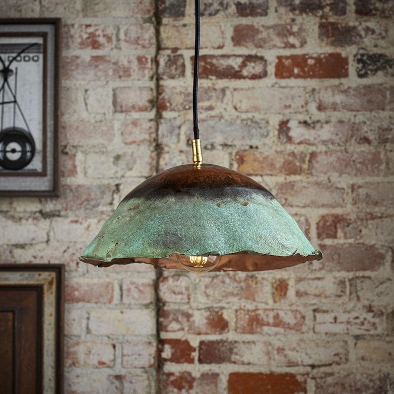 Handmade Green Patina Copper Dome Pendant – Rustic Kitchen Lighting