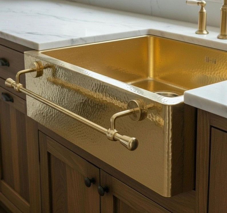 Hammered Brass Farmhouse Sink – Apron Brass Front Basin with Towel Bar