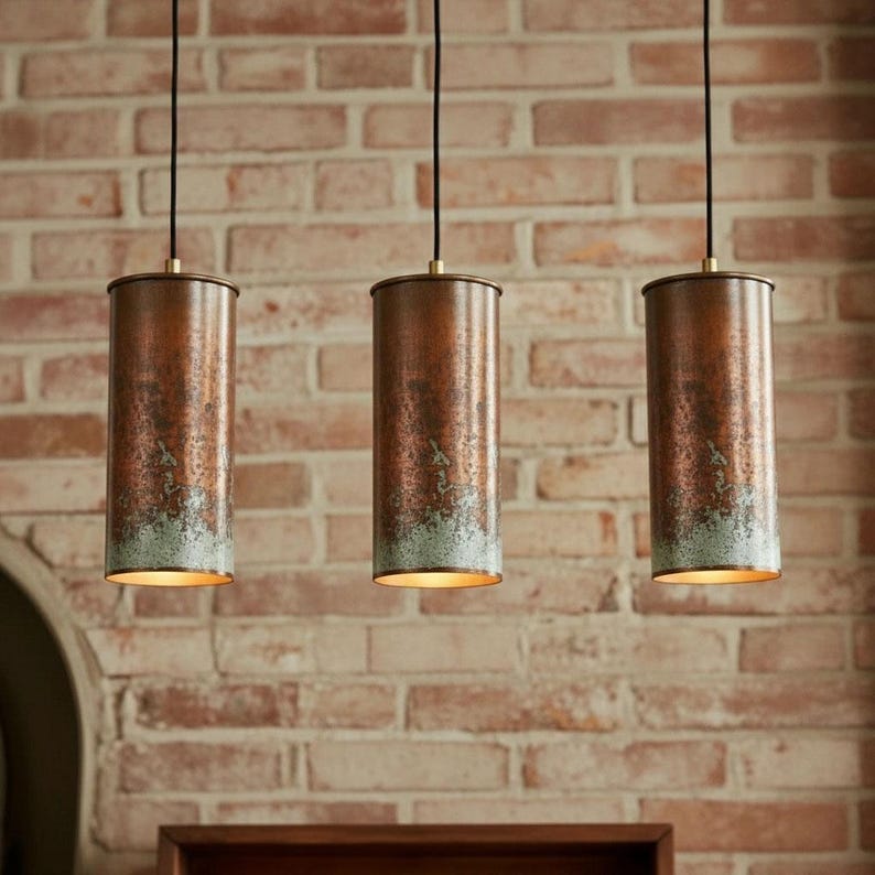 Set of 3 Aged Copper Cylinder Pendants – Handmade Patina Lights