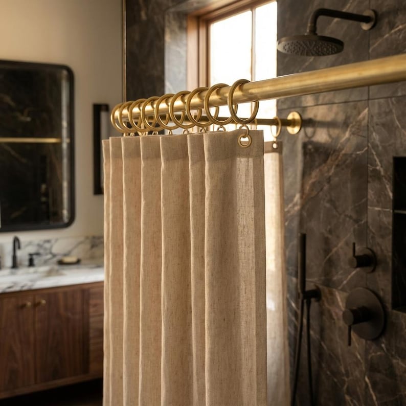 Unlacquered Brass Shower Curtain Rod – Wall Mounted Rail with Rings