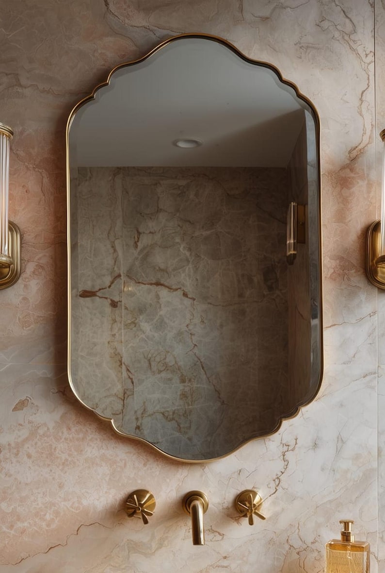 Luxury Scalloped Shield Mirror | Brass Bathroom Vanity Decor