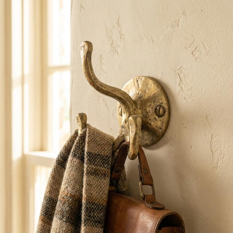 Handmade Brass Triple Wall Hook – Rustic Coat & Towel Hanger