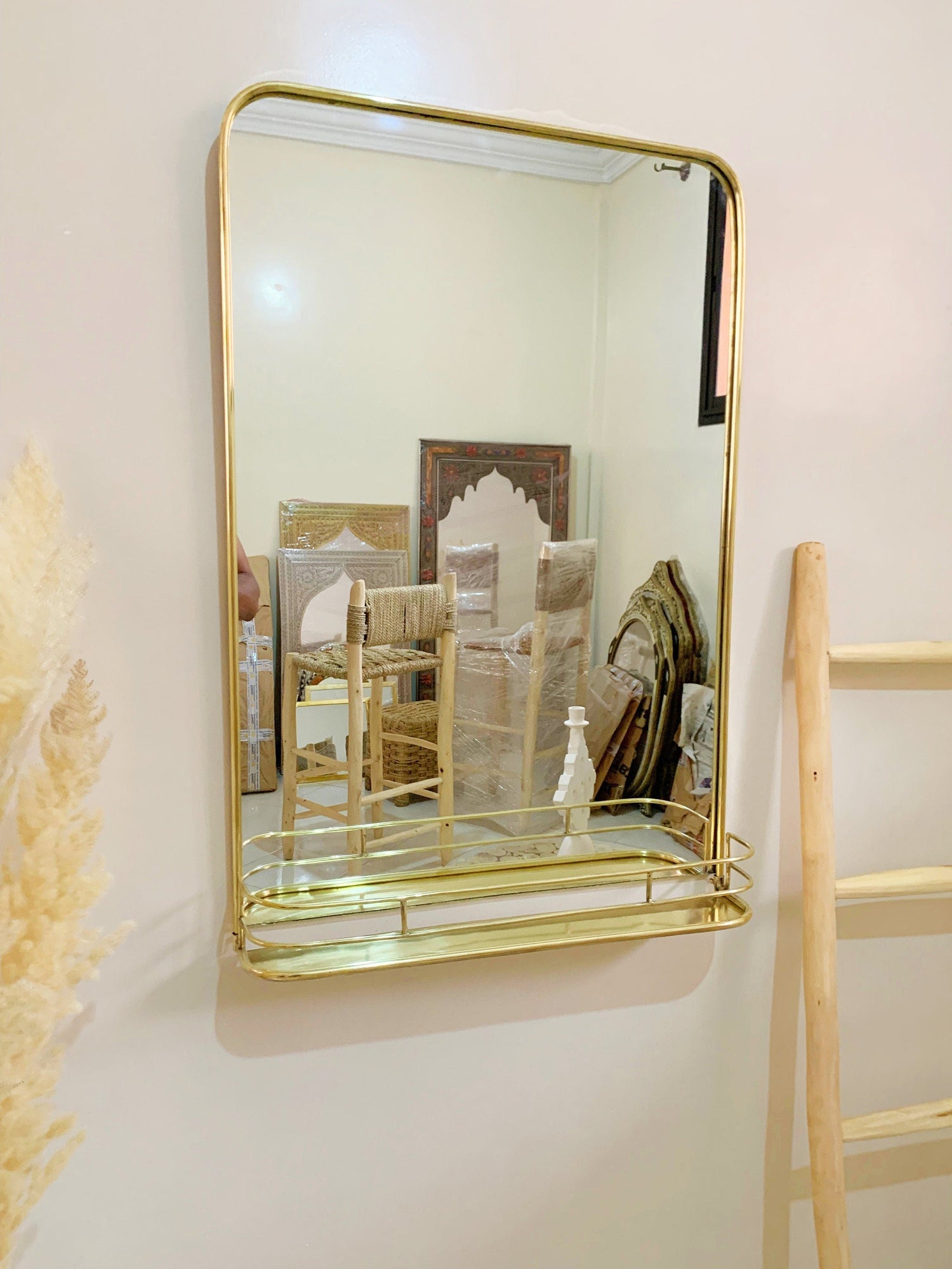 Varaudu Brass Mirror With Shelf Wall Storage Bathroom 373252895 - Antique Brass Bathroom Mirror, Vanity Wall Decor