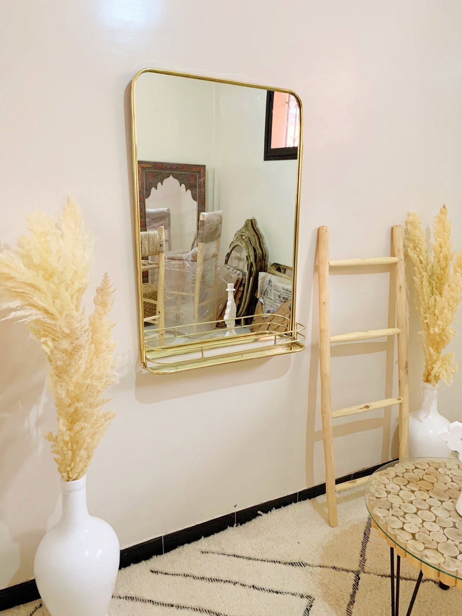 Varaudu Brass Mirror With Shelf Wall Storage Bathroom 373252895 - Antique Brass Bathroom Mirror, Vanity Wall Decor