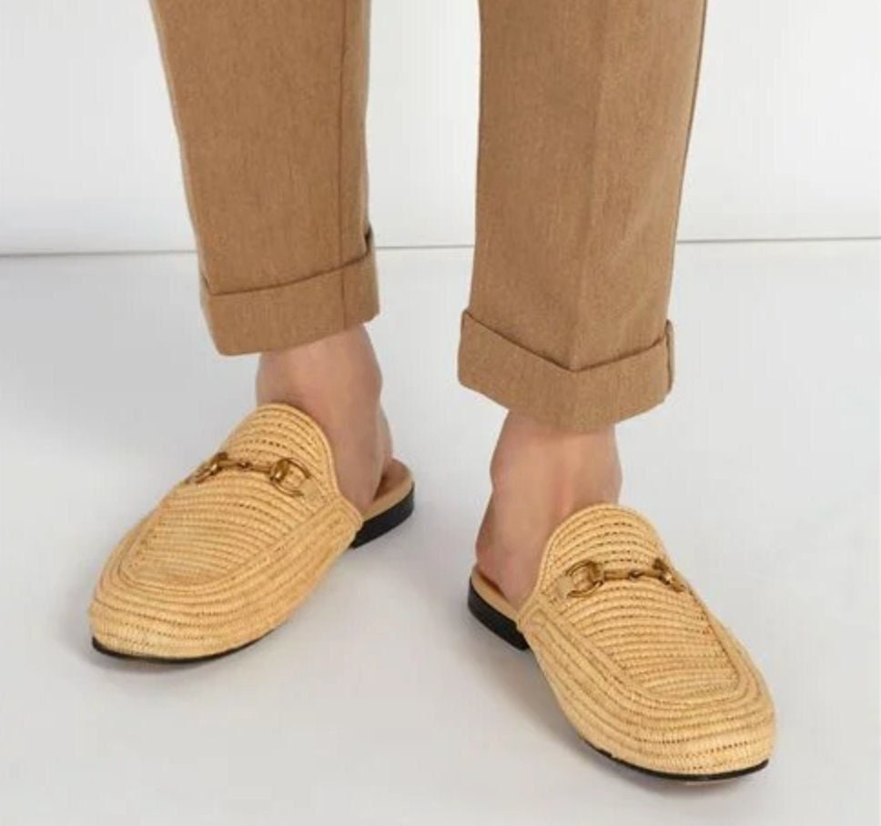 Raffia Mule Loafers with Gold Detail – Natural Minimal Luxury