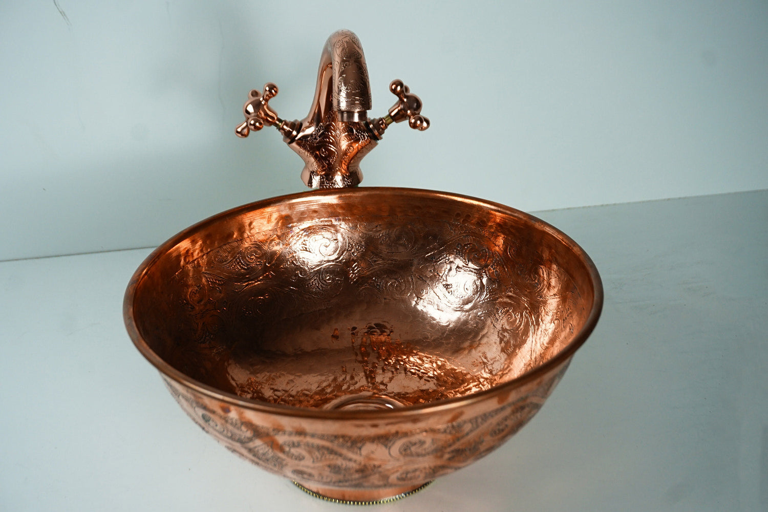Artisanal copper Vessel Sink, Engraved Handmade Copper Sink Bathroom