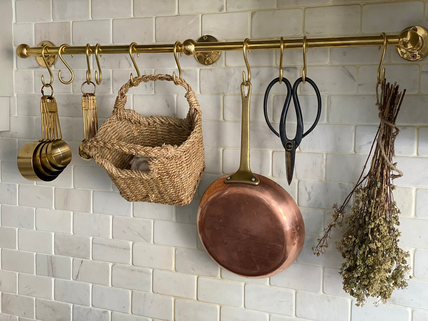 Unlacquered Brass Wall Mounted Pot Rack, Brass Kitchen Rail with Hooks