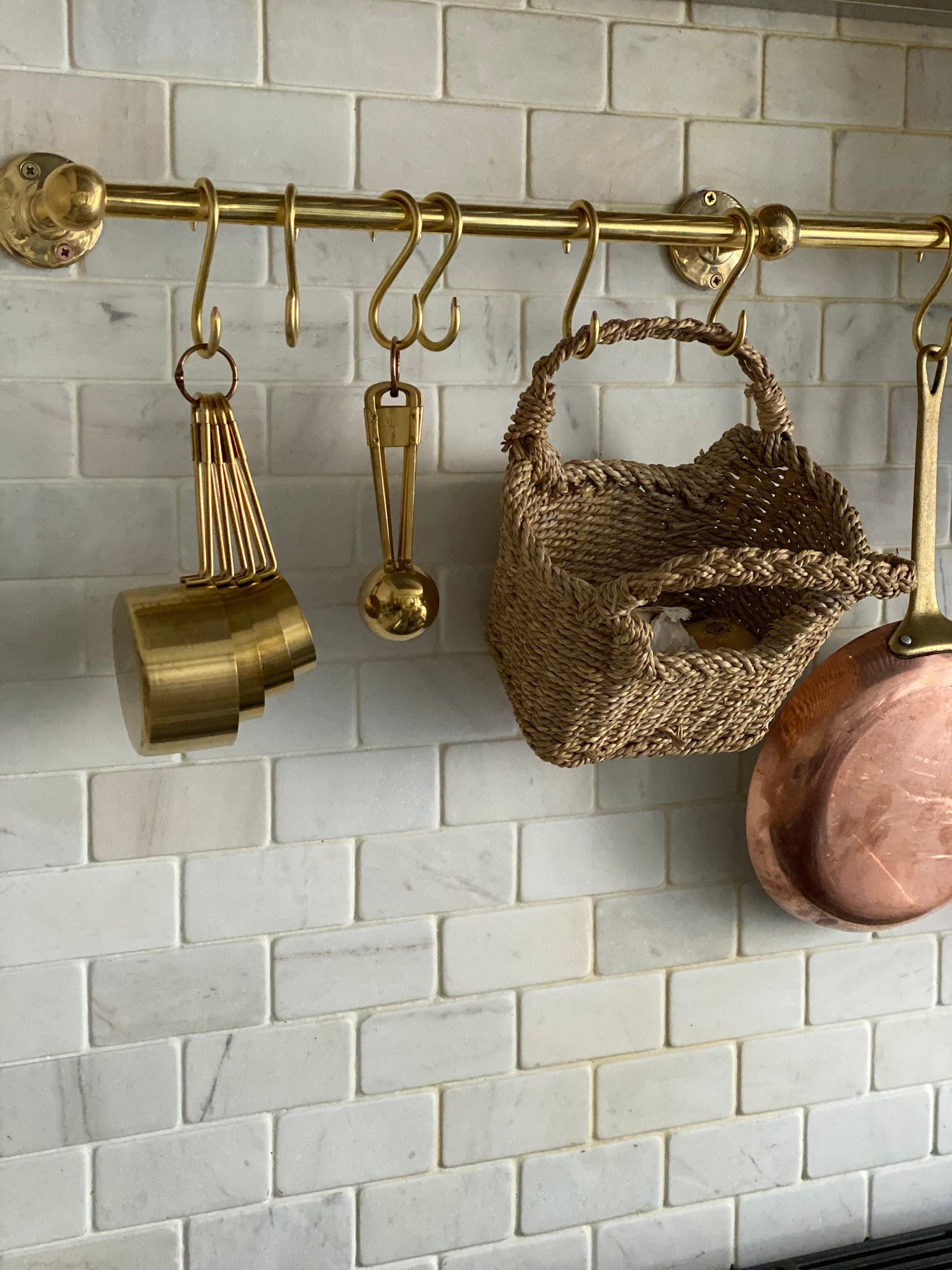 Unlacquered Brass Wall Mounted Pot Rack, Brass Kitchen Rail with Hooks