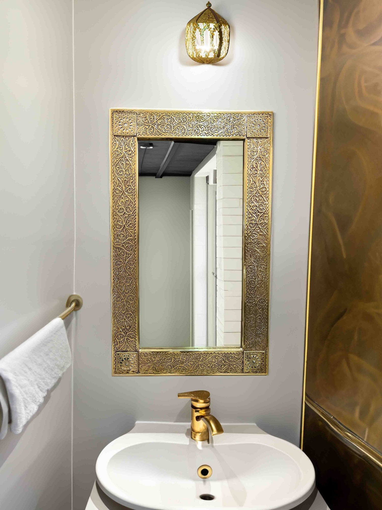 Varaudu Rectangular Brass Mirror Moroccan Brass Wall Mirror 369099706 - Antique Brass Bathroom Mirror, Vanity Wall Decor
