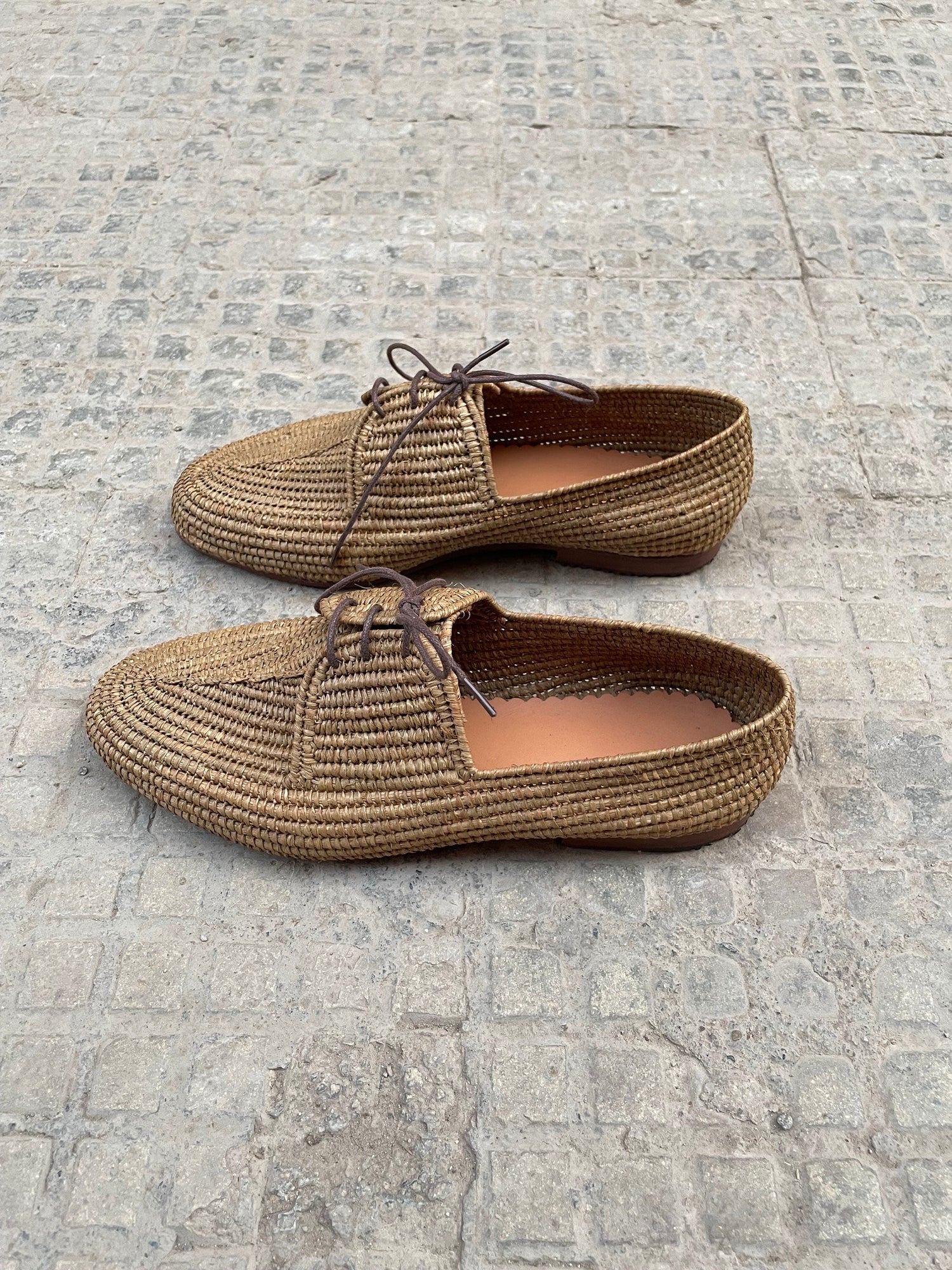 Handwoven Raffia Lace-Up Shoes – Natural & Brown Minimal Style