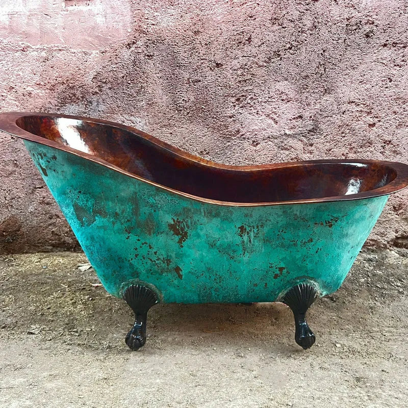 Copper Green Patina Soaking Tub, Copper Clawfoot Bathtub With Black Solid Brass Feet.