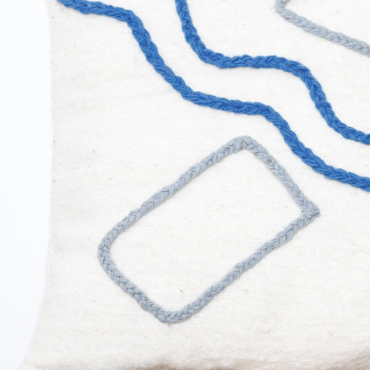 Abstract Embroidered Moroccan Pillow Cover – Handcrafted Wool Cushion in Blue & Neutral Tones