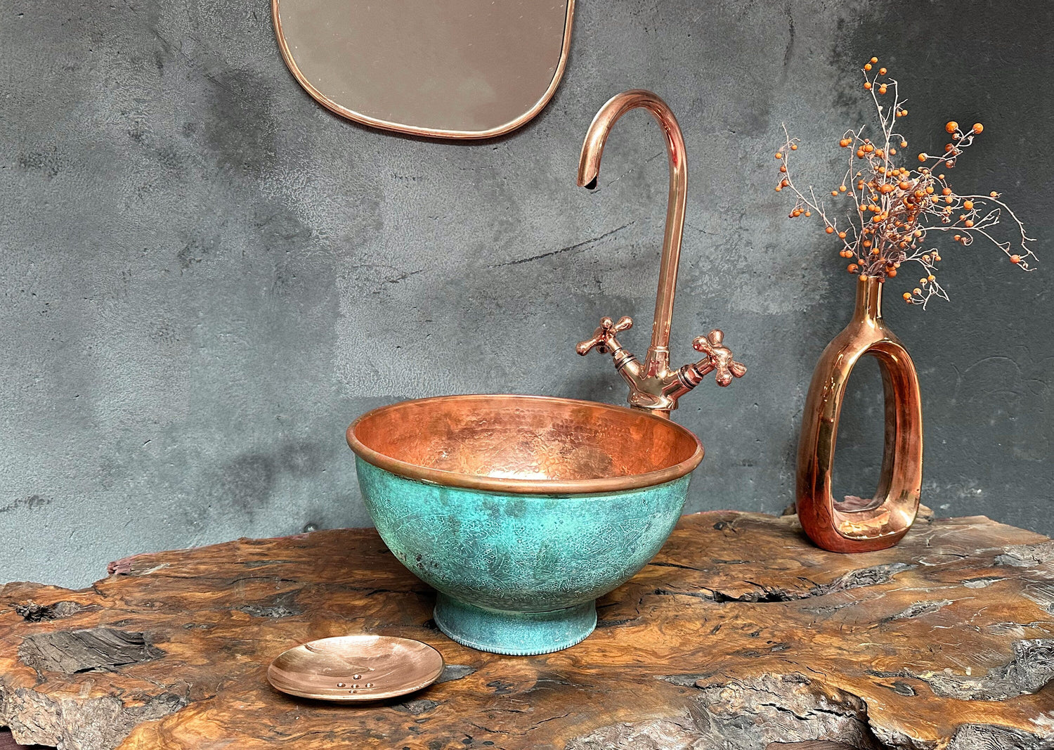 Engraved Copper Sink – Green Patina Vessel + Faucet