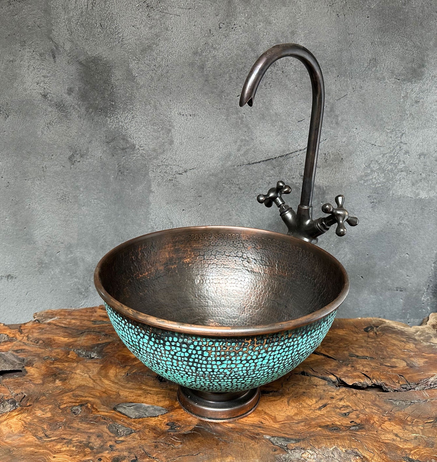 Aged Copper Bathroom Sink with faucet , Green Patina countertop basin bathroom