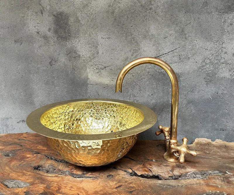 Handcrafted Round Brass Drop in Sink ,Round Hammered Brass Bathroom Sink