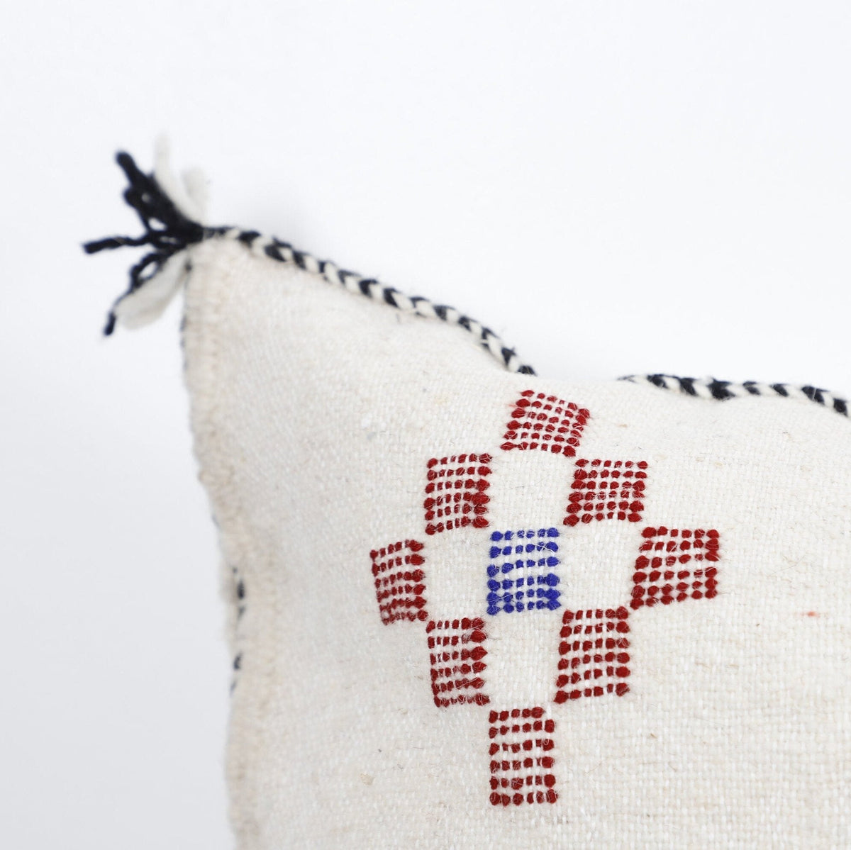 Handwoven Berber-Inspired Moroccan Pillow Cover with Geometric Embroidery & Tassels