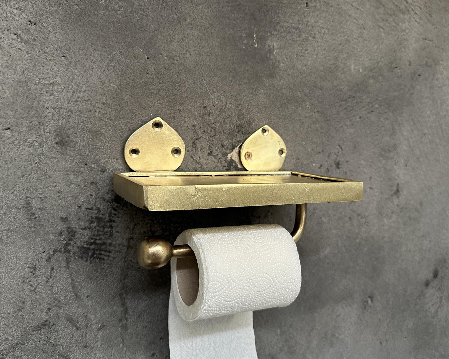 Handcrafted Unlacquered Brass Wall-Mounted Toilet Roll Holder, Solid Brass Toilet Paper Tissue Holder with Mobile Phone Storage