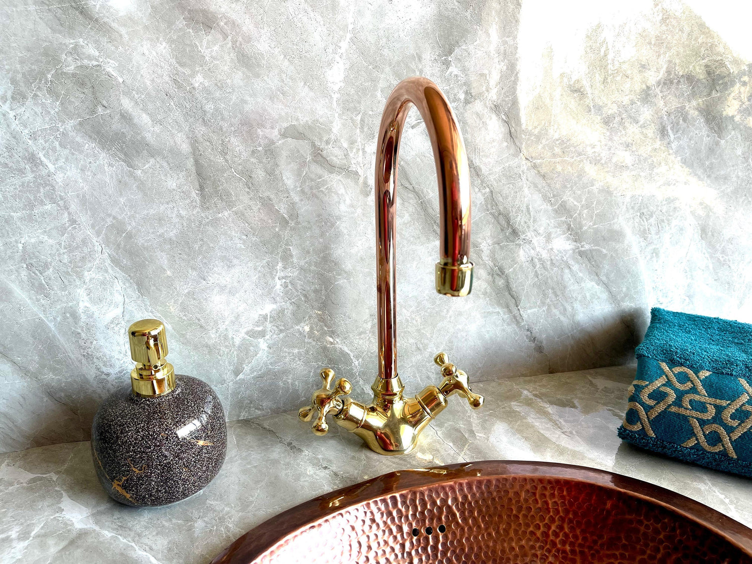Copper & Brass Gooseneck Faucet - Single Hole Mixer with Cross Handles
