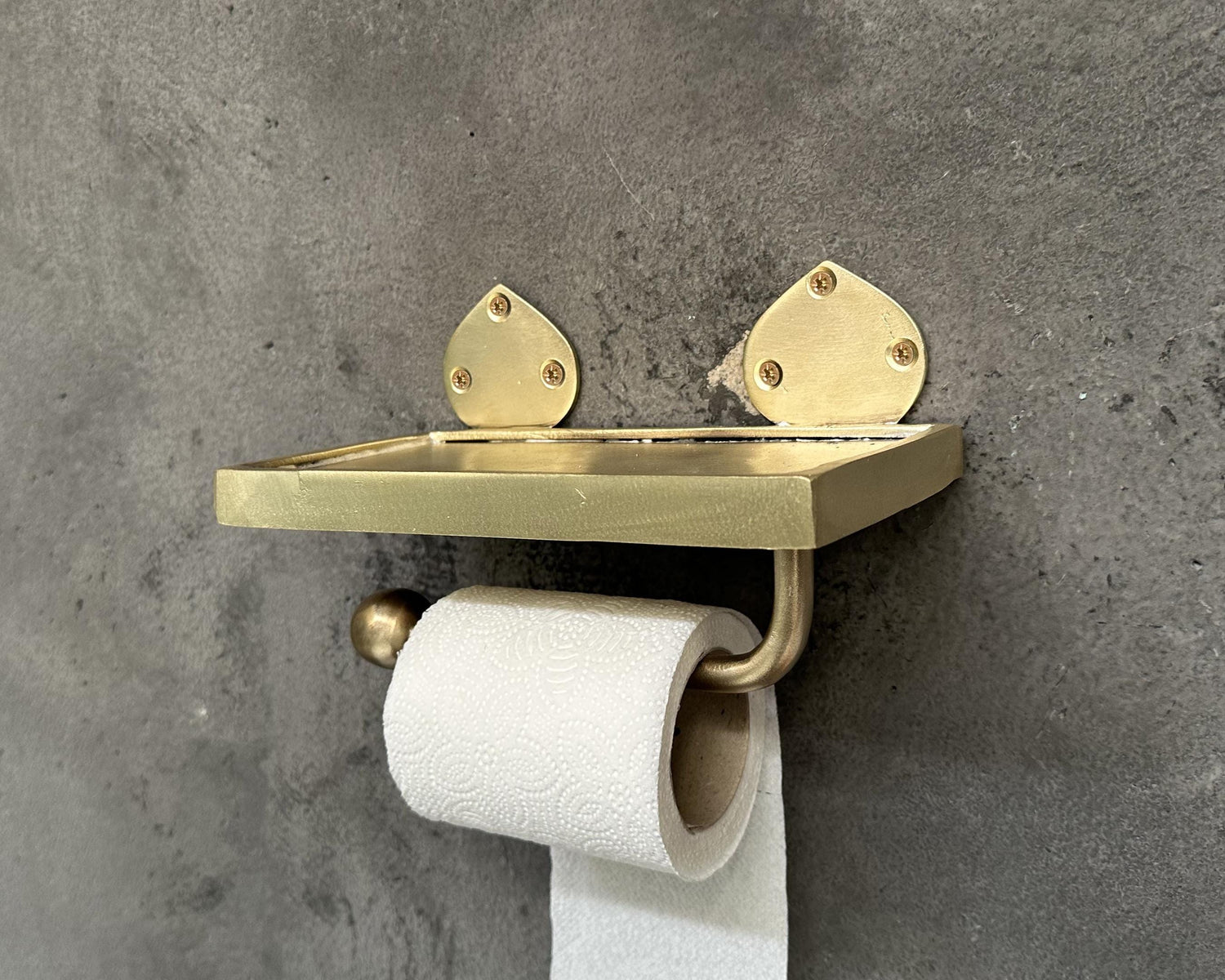 Handcrafted Unlacquered Brass Wall-Mounted Toilet Roll Holder, Solid Brass Toilet Paper Tissue Holder with Mobile Phone Storage