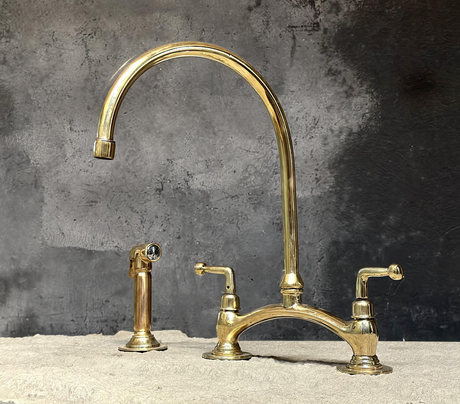 Brass Bridge Faucet – Arched 2-Hole Kitchen Sprayer