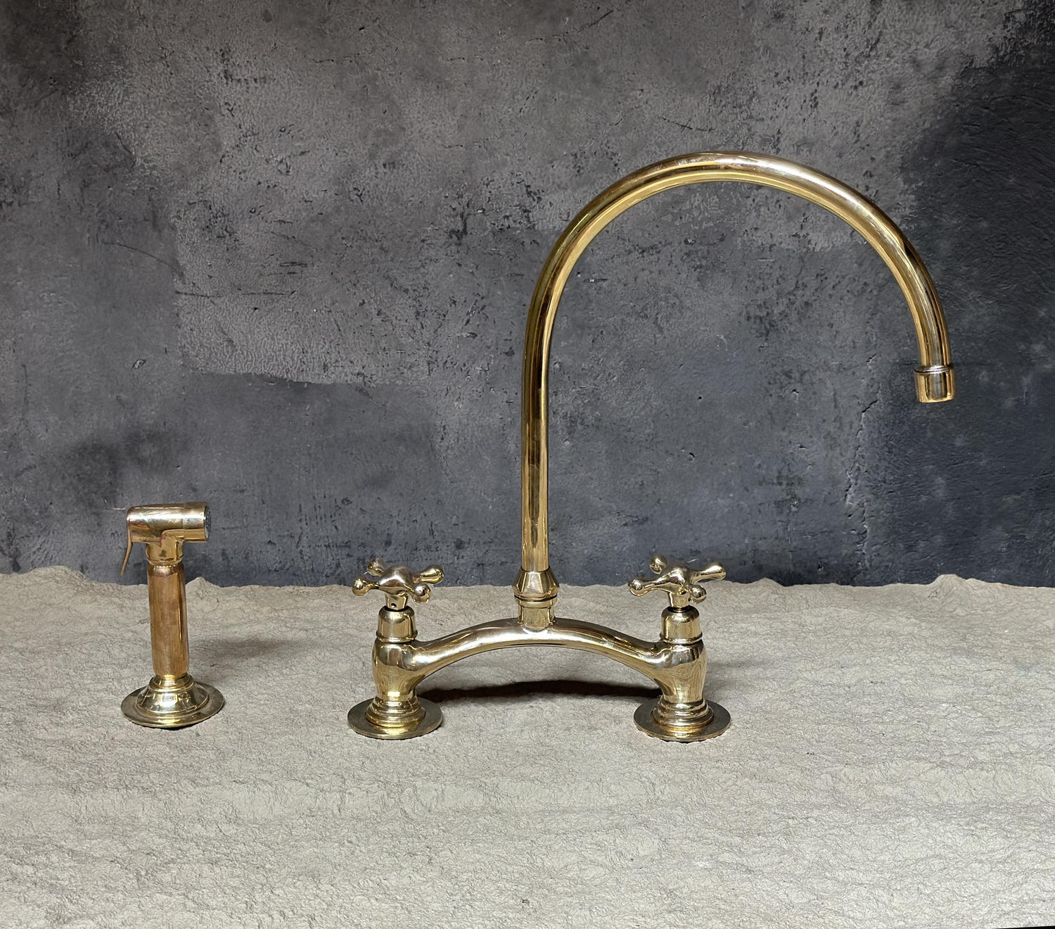 Brass Bridge Faucet – Arched 2-Hole Kitchen Sprayer