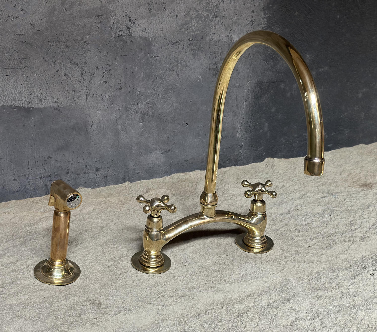 Brass Bridge Faucet – Arched 2-Hole Kitchen Sprayer