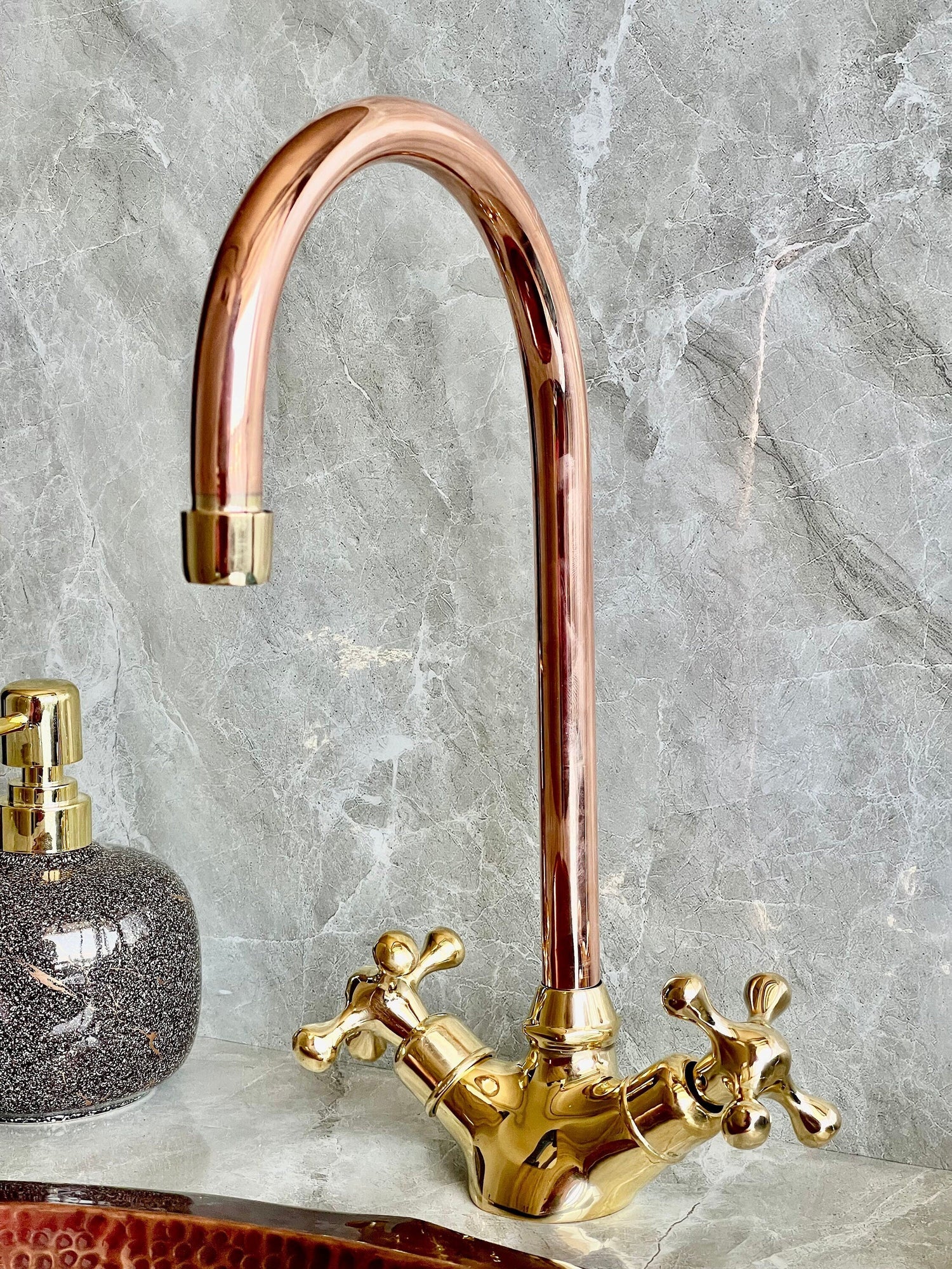 Copper & Brass Gooseneck Faucet - Single Hole Mixer with Cross Handles