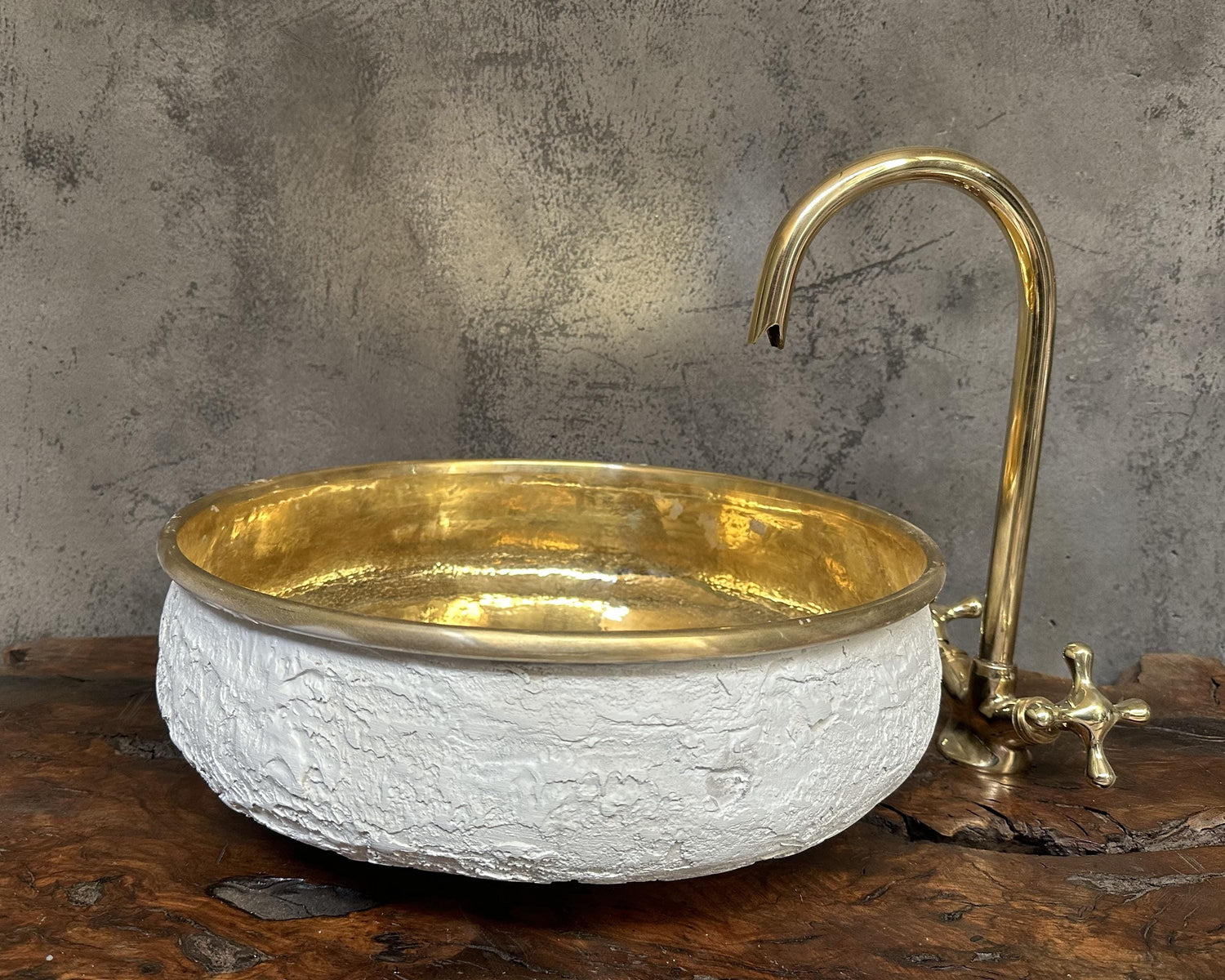 White Textured Brass Vessel Sink – Stone Brass Washbasin