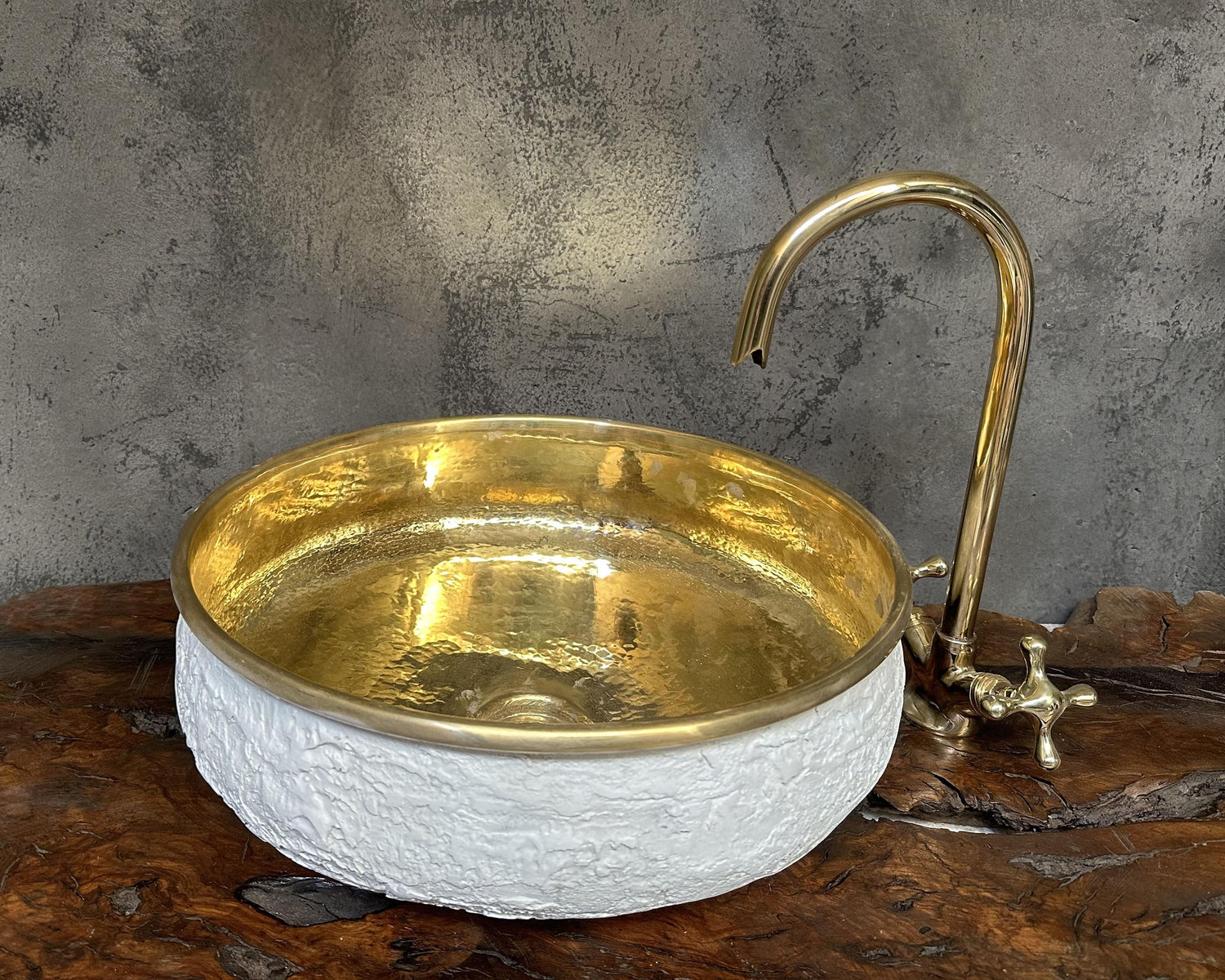 White Textured Brass Vessel Sink – Stone Brass Washbasin