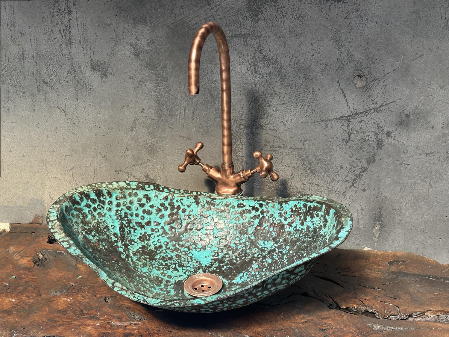 Handmade Hammered Copper Sink with Turquoise Patina