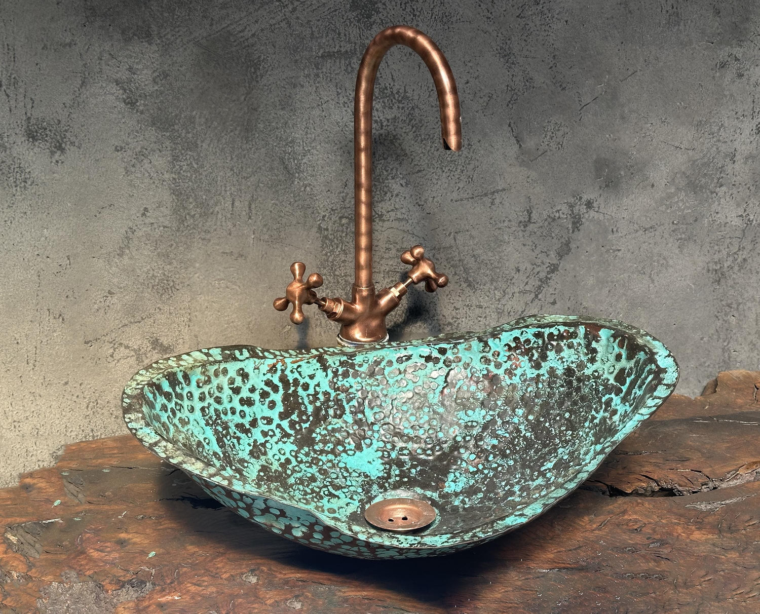 Handmade Hammered Copper Sink with Turquoise Patina