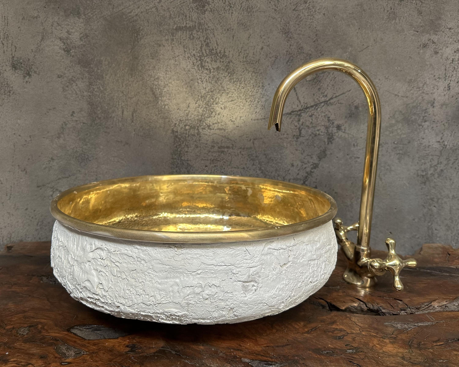 White Textured Brass Vessel Sink – Stone Brass Washbasin