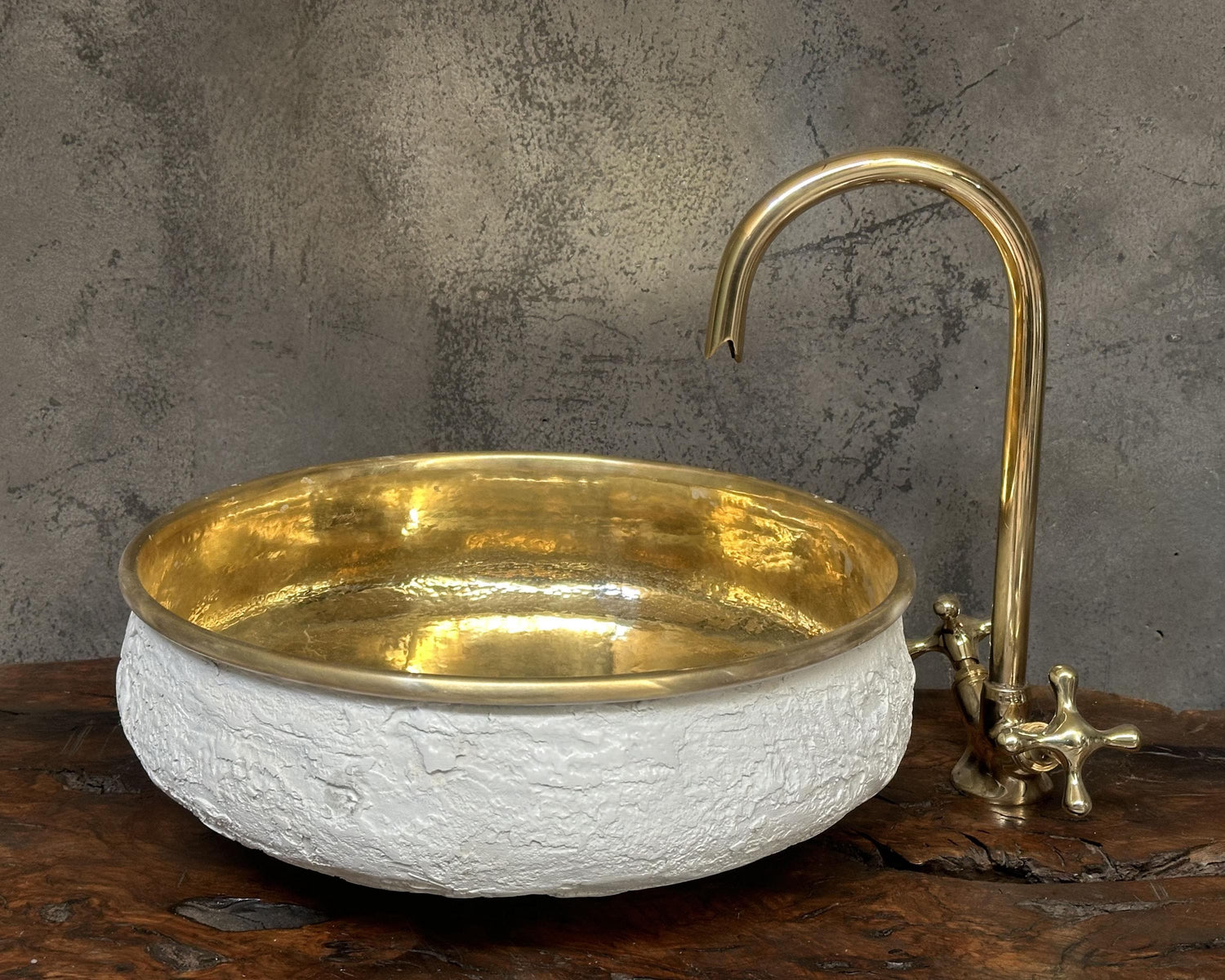 White Textured Brass Vessel Sink – Stone Brass Washbasin
