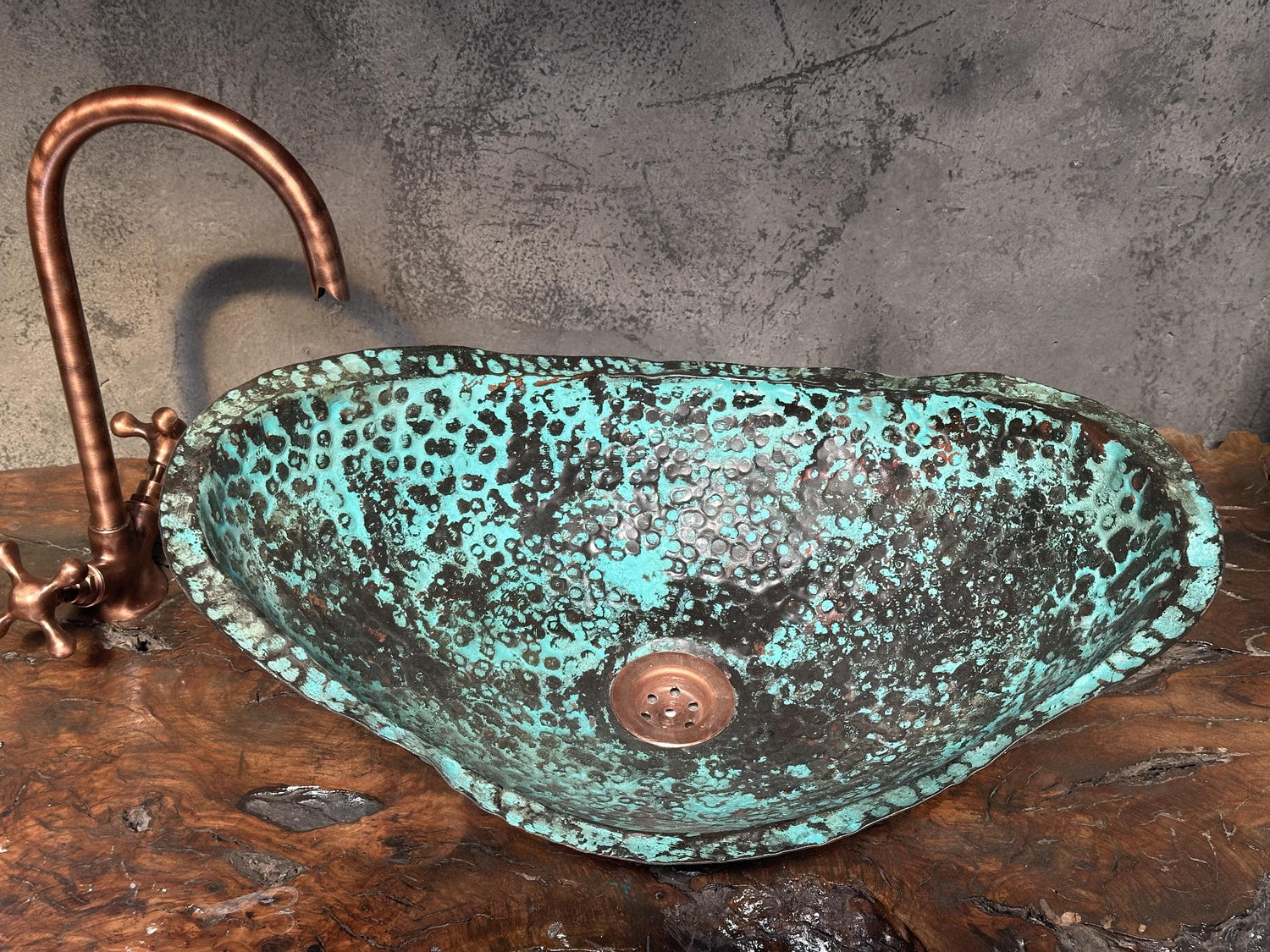 Handmade Hammered Copper Sink with Turquoise Patina