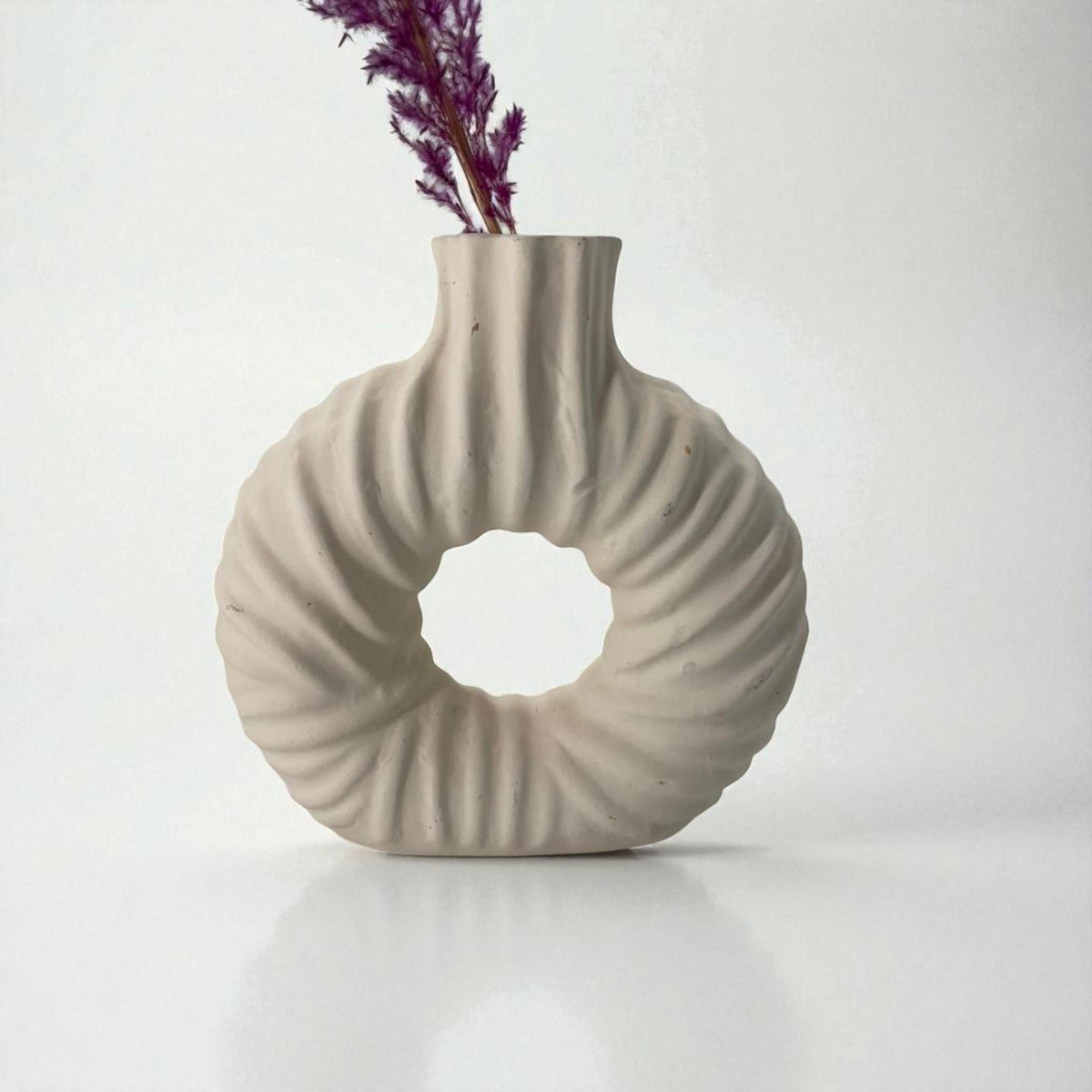 Handmade Ceramic Vase – Textured Sculptural Donut Vase in Neutral Tone