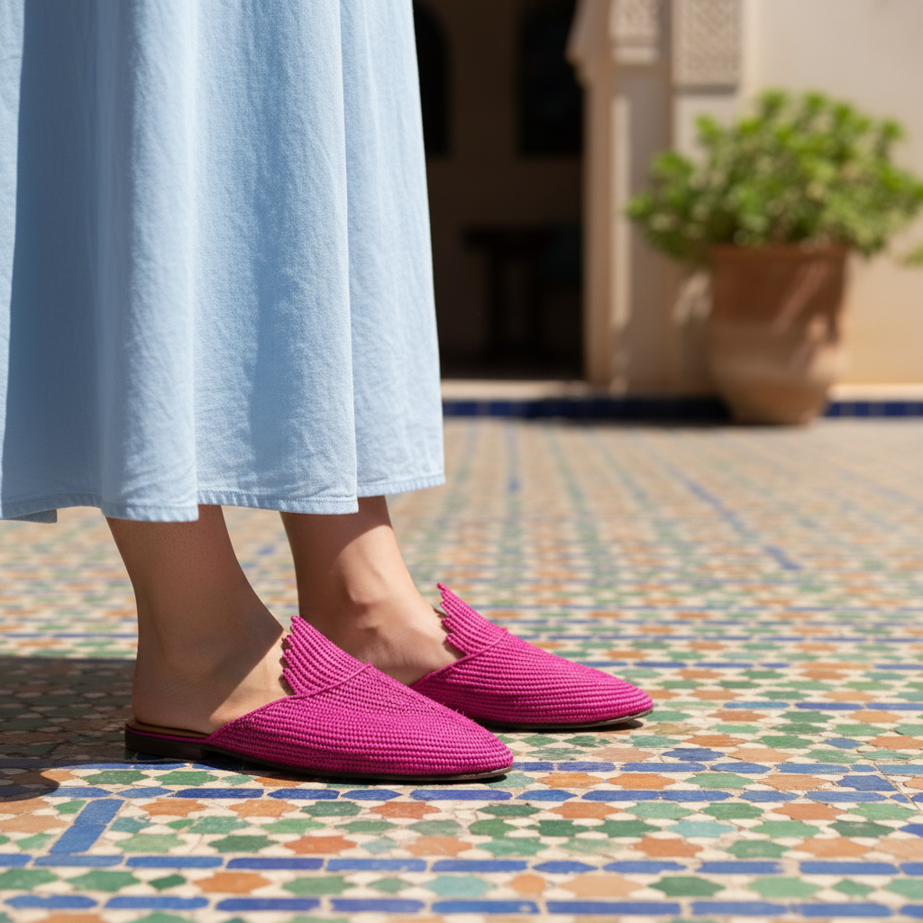 Raffia Loafers for Women – Pink Summer Slip On Mule Shoes