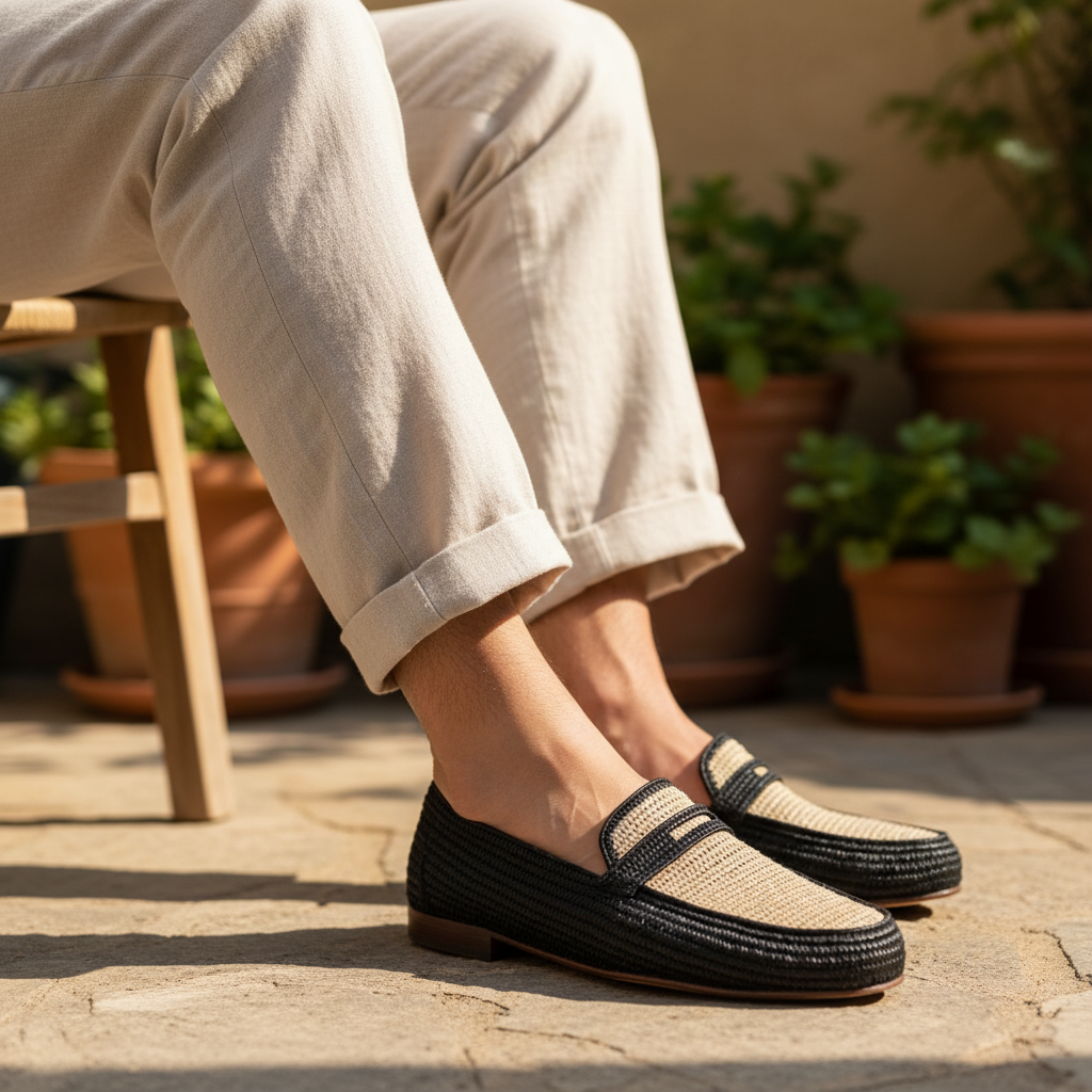 Raffia Loafers for Men – Black Beige Summer Slip On Shoes