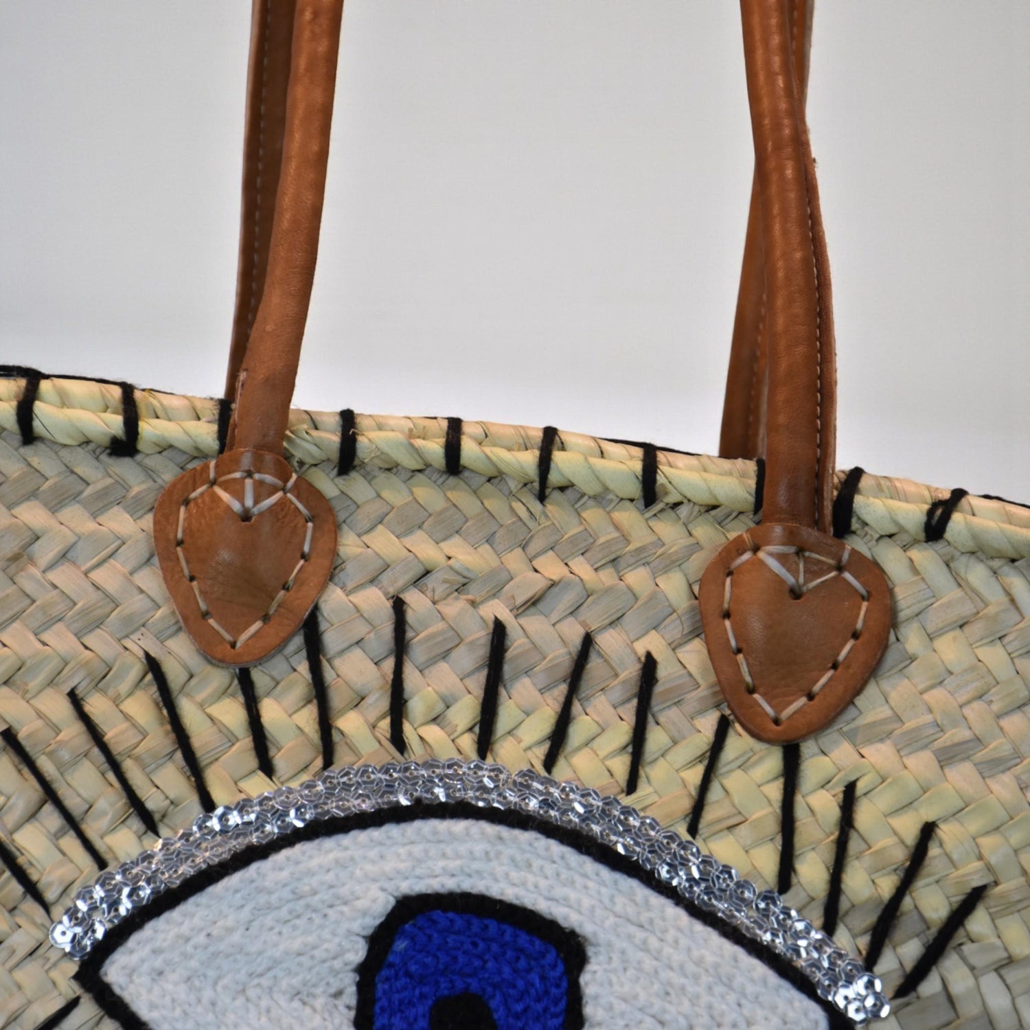 Blue Evil Eye Straw Tote Bag