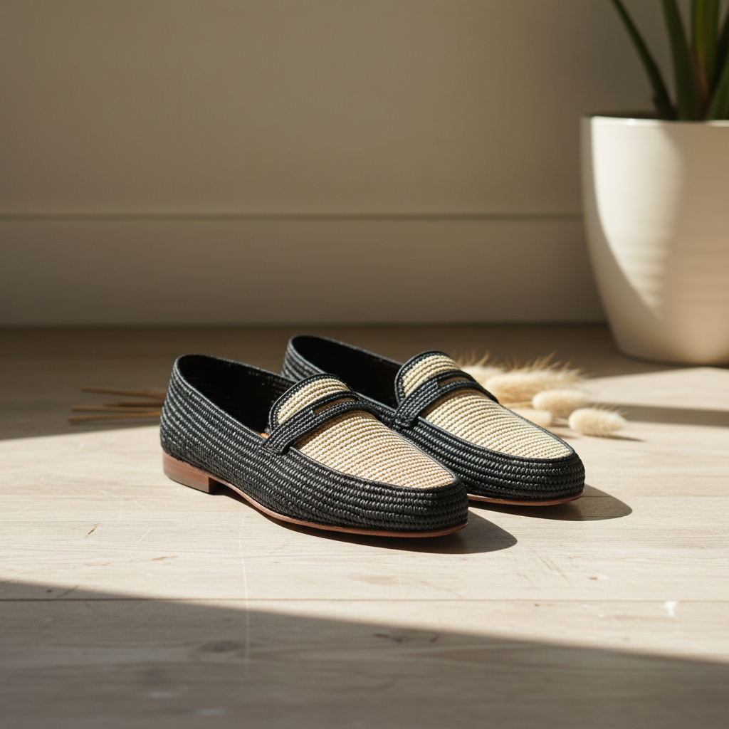 Raffia Loafers for Men – Black Beige Summer Slip On Shoes