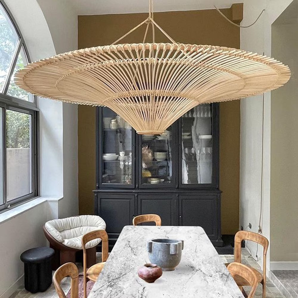 Junita Oversized Wide Rattan Pendant Light Hanging over Dining Room